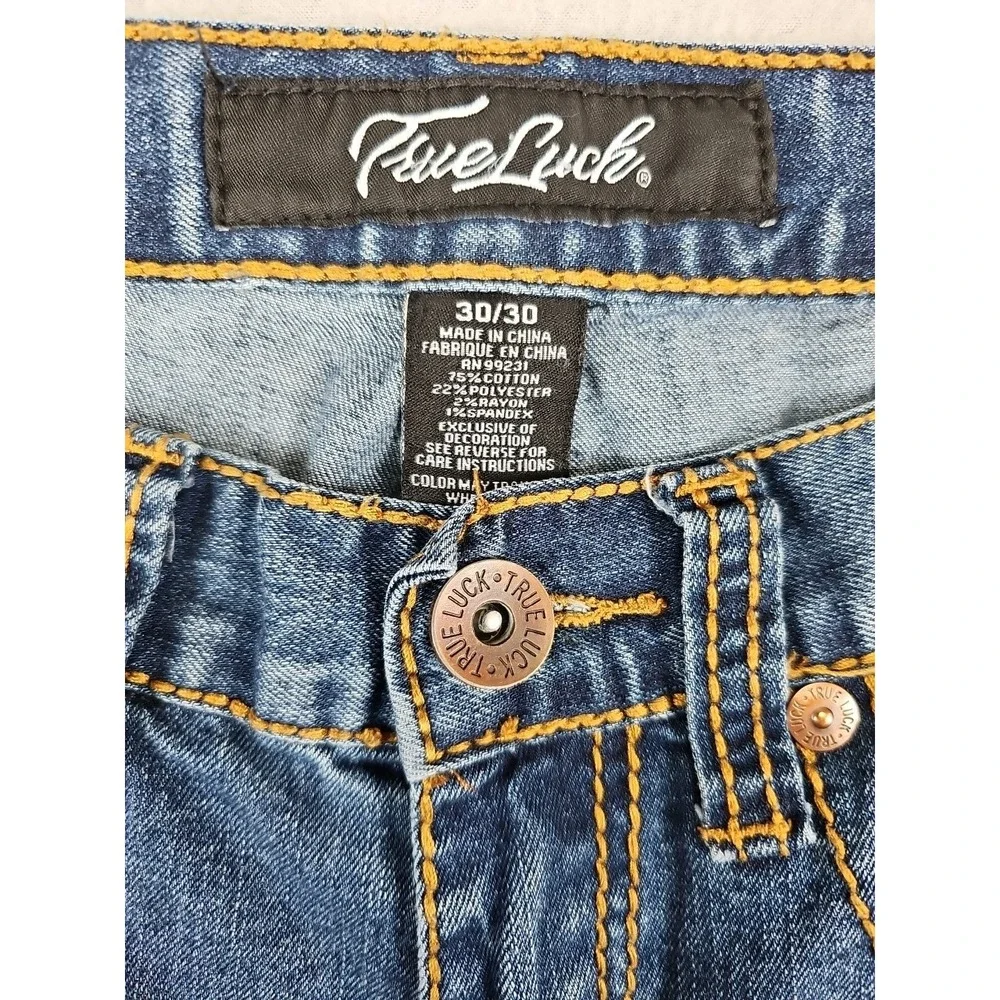 True Luck Jeans Men's 31x28.5 Medium Wash Straight Whiskered‎ Stretch Denim
